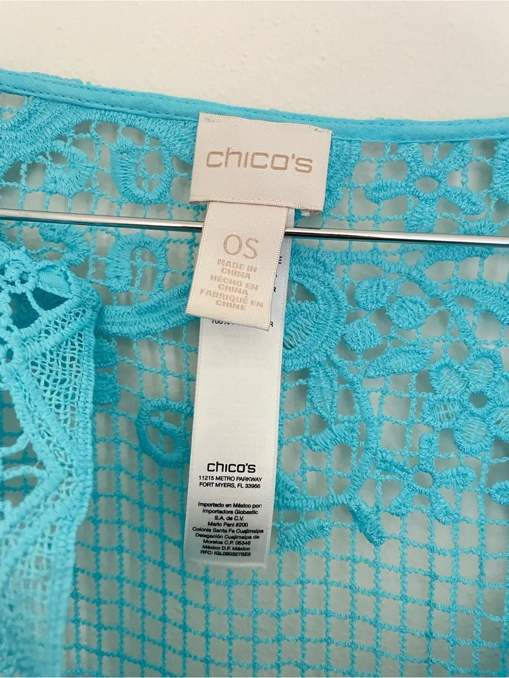 Chico's Dandy Crochet Lace Fringe Poncho in Aqua Blue Resort Swim Coverup OS